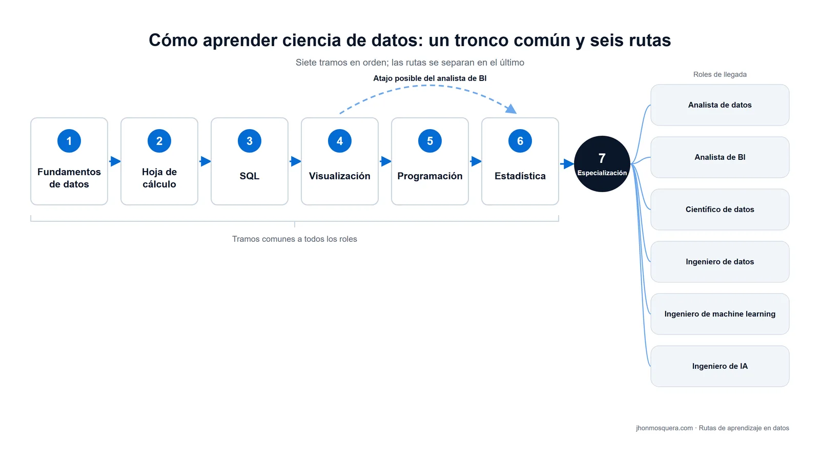 Esquema de cómo aprender ciencia de datos: seis tramos comunes y una especialización que se abre en seis roles.