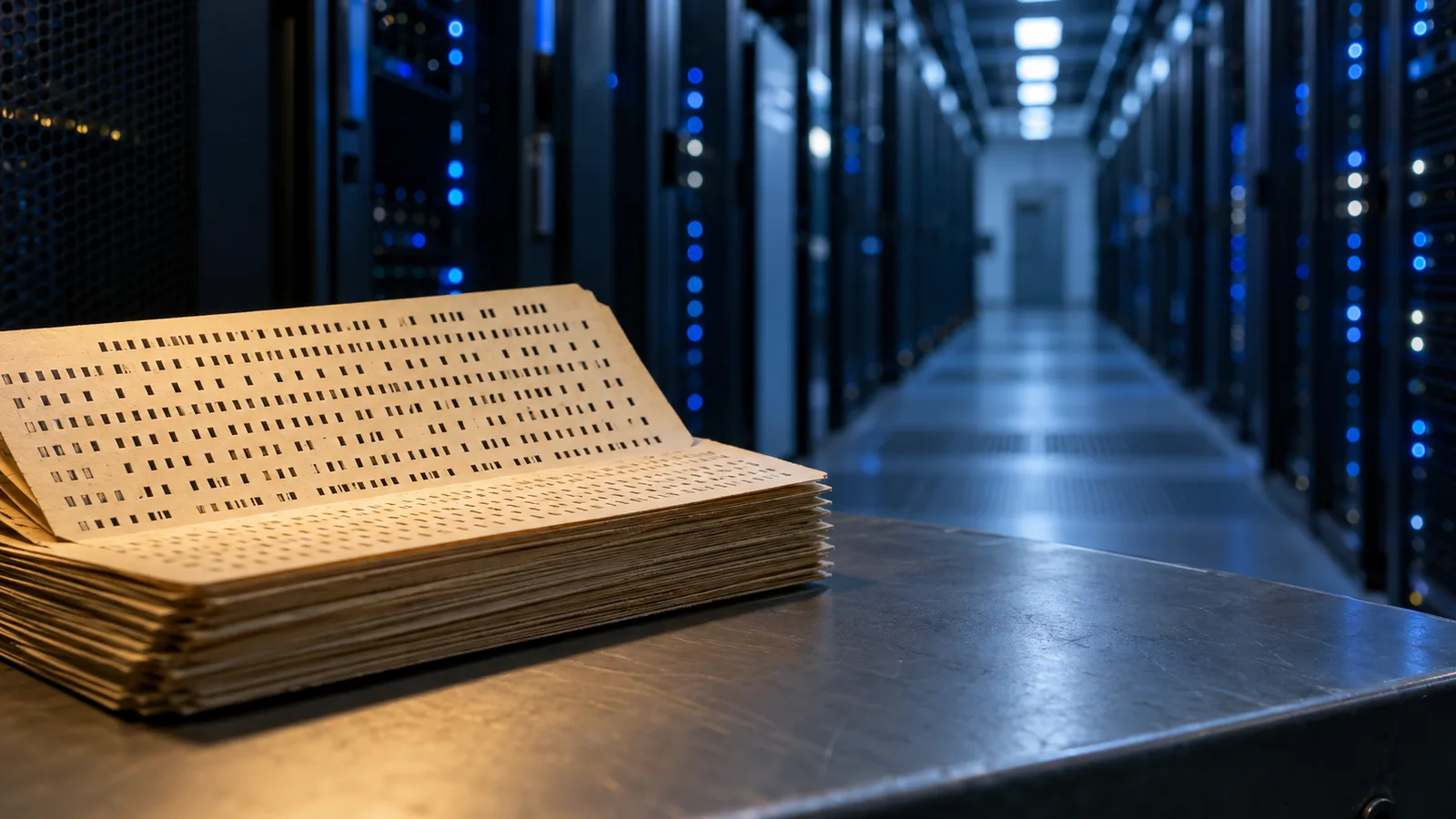 Tarjetas perforadas frente a un pasillo de servidores: del censo con tarjetas al big data en clústeres.