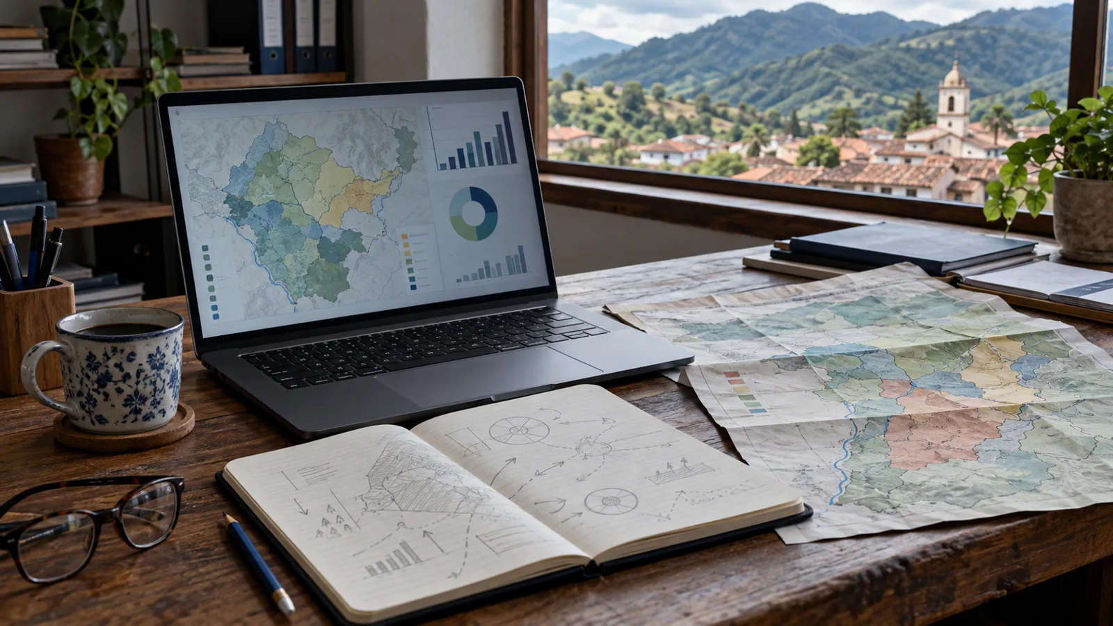 Escritorio de una oficina de planeación municipal con portátil, mapa veredal y cuaderno: ciencia de datos para decidir.