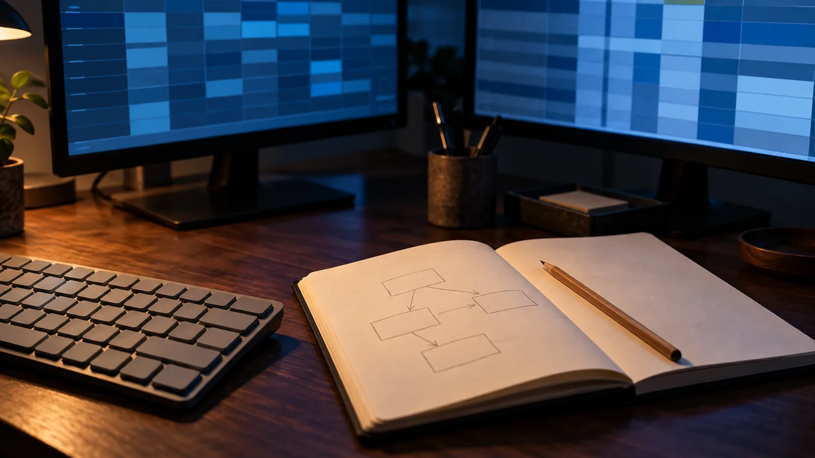 Escritorio con teclado, libreta con un esquema de flechas y dos monitores con tablas: preguntarle a una base de datos.