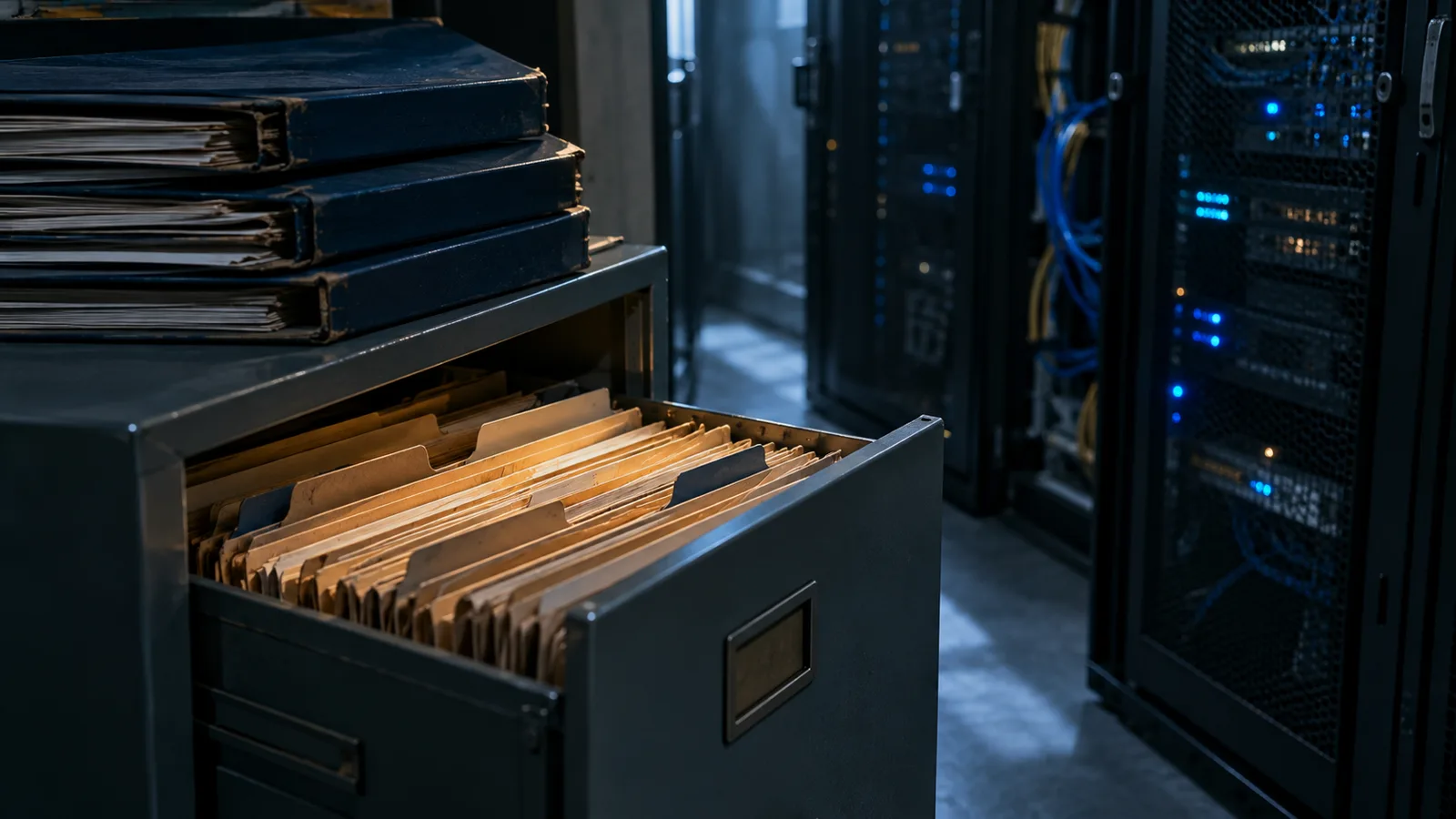 Archivador con fichas y carpetas frente a un rack de servidores: del archivo de papel a la base de datos.