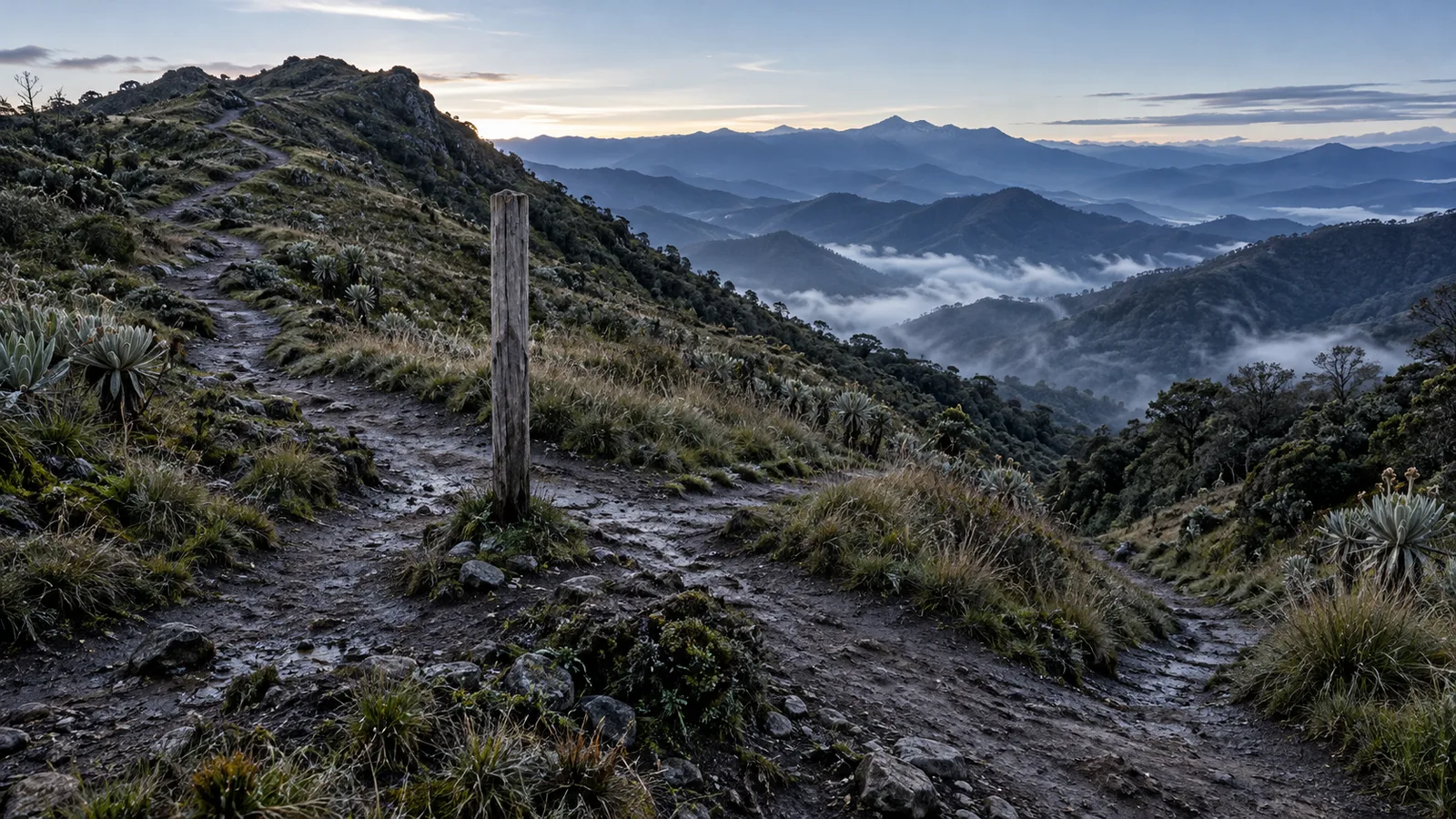 Cruce de caminos de tierra con un poste de madera sin letreros en una montaña andina al amanecer.