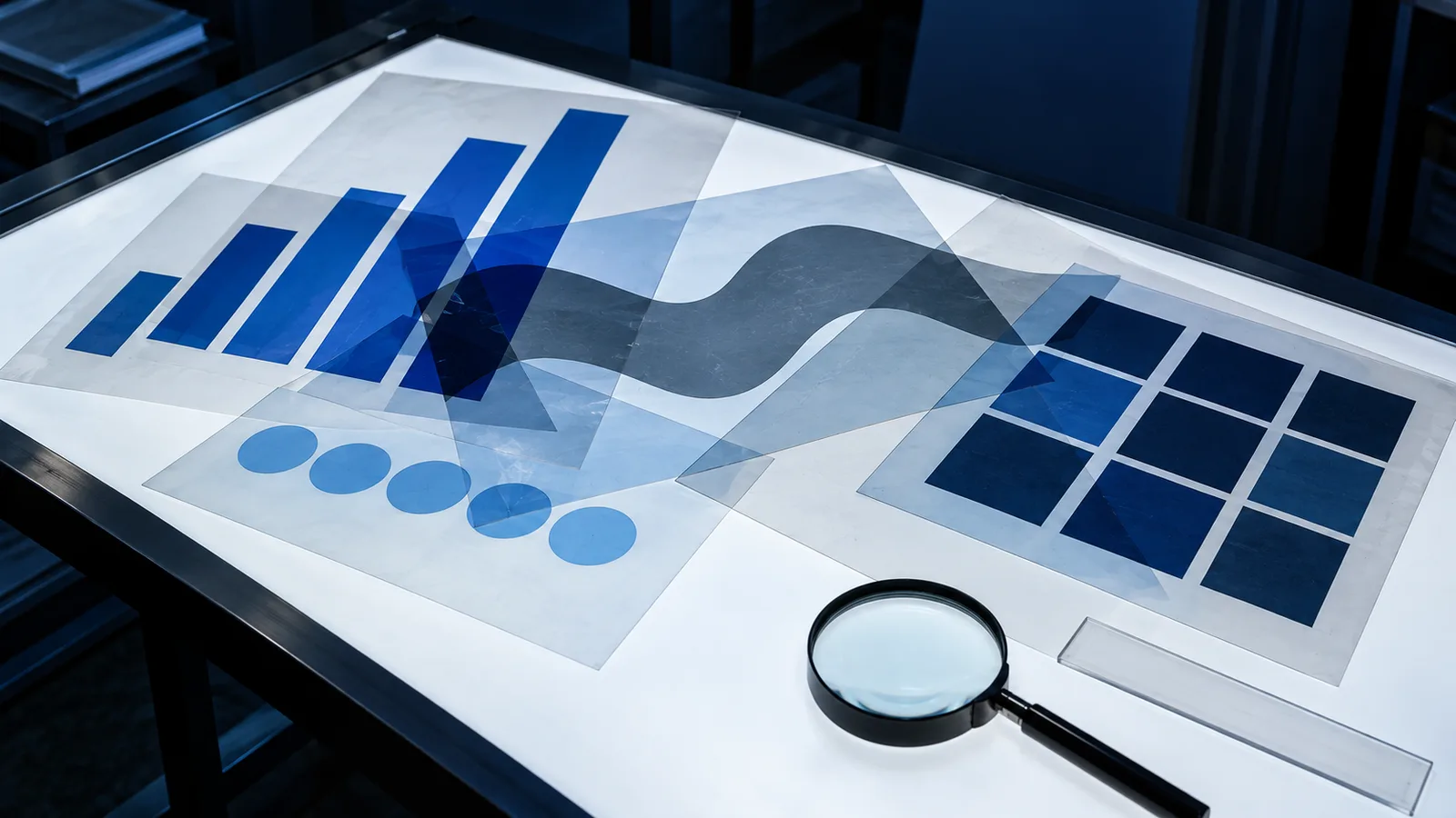 Láminas transparentes con franjas y círculos azules superpuestas en una mesa de luz: datos que se leen con la vista.