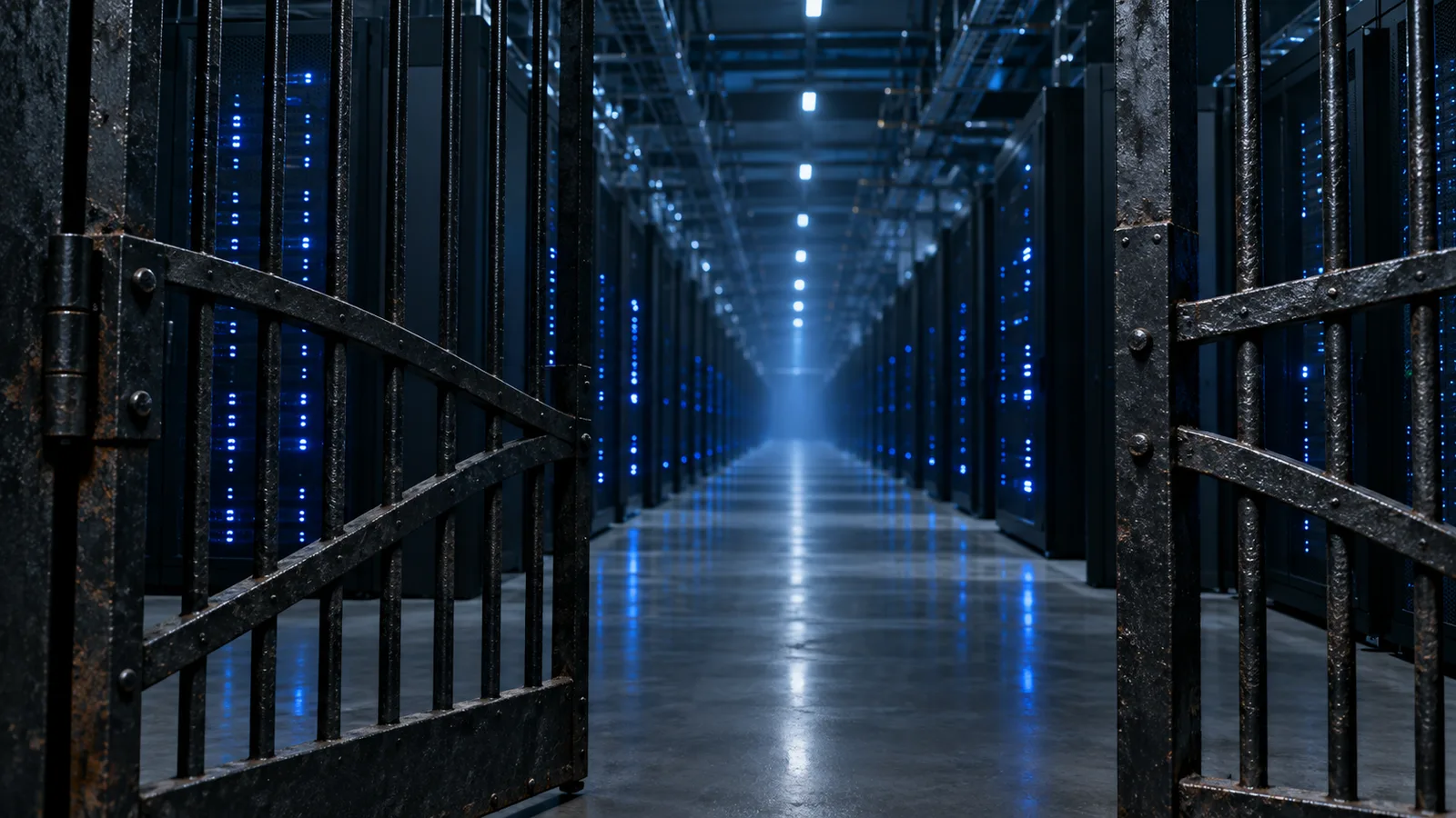 Pasillo de un centro de datos con hileras de servidores y luces azules, visto a través de una reja de hierro forjado entreabierta: evocación del tecnofeudalismo de Yanis Varoufakis, la nube como un feudo con puerta